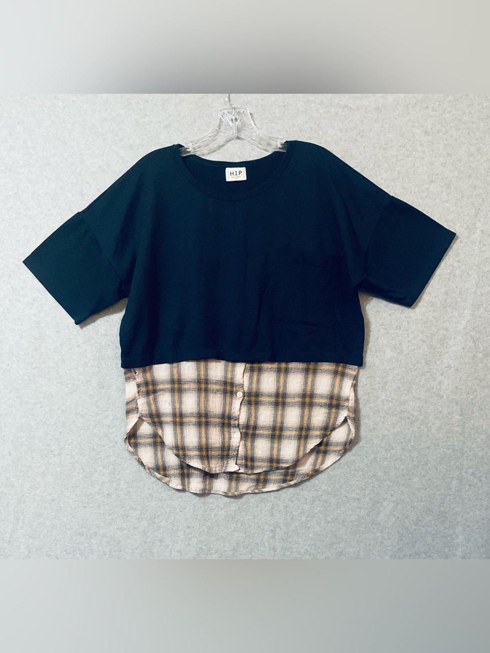 H.I.P. 2-in-1 NAvy Layered Top – Cropped Tee with Plaid Button-Down Hem Sz M